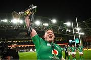 18 March 2023; Tadhg Furlong of Ireland lifts the trophy after the Guinness Six Nations Rugby Championship match between Ireland and England at Aviva Stadium in Dublin. Photo by Harry Murphy/Sportsfile