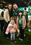 18 March 2023; Jamison Gibson-Park of Ireland with his partner Patti Grogan and daughters Iris and Isabella after the Guinness Six Nations Rugby Championship match between Ireland and England at Aviva Stadium in Dublin. Photo by Harry Murphy/Sportsfile