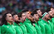 18 March 2023; Ireland players, from left, James Lowe, Andrew Porter, Mack Hansen, Dan Sheehan, Bundee Aki, Hugo Keenan, Caelan Doris, Rob Herring and Robbie Henshaw before the Guinness Six Nations Rugby Championship match between Ireland and England at Aviva Stadium in Dublin. Photo by Ramsey Cardy/Sportsfile