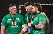 18 March 2023; Ireland players, from left, Tadhg Furlong, Dan Sheehan and Andrew Porter after their side's victory in the Guinness Six Nations Rugby Championship match between Ireland and England at Aviva Stadium in Dublin. Photo by Harry Murphy/Sportsfile