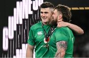 18 March 2023; Dan Sheehan and Andrew Porter of Ireland embrace after their side's victory in the Guinness Six Nations Rugby Championship match between Ireland and England at Aviva Stadium in Dublin. Photo by Harry Murphy/Sportsfile