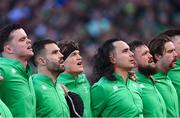 18 March 2023; Ireland players, from left, Tadhg Furlong, James Ryan, Conor Murray, Josh van der Flier, James Lowe, Andrew Porter and Mack Hansen before the Guinness Six Nations Rugby Championship match between Ireland and England at Aviva Stadium in Dublin. Photo by Ramsey Cardy/Sportsfile