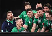 18 March 2023; Ireland captain Jonathan Sexton prepares to lift the trophy after the Guinness Six Nations Rugby Championship match between Ireland and England at Aviva Stadium in Dublin. Photo by Harry Murphy/Sportsfile