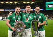 18 March 2023; Ireland players, from left, Robbie Henshaw, Jack Conan and Conor Murray with the trophies after the Guinness Six Nations Rugby Championship match between Ireland and England at Aviva Stadium in Dublin. Photo by Harry Murphy/Sportsfile