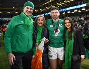 18 March 2023; Hugo Keenan of Ireland with his father Paul, mother Avril and partner Emma Hempenstall after the Guinness Six Nations Rugby Championship match between Ireland and England at Aviva Stadium in Dublin. Photo by Harry Murphy/Sportsfile