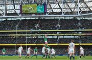 18 March 2023; Ryan Baird of Ireland wins possession in the lineout during the Guinness Six Nations Rugby Championship match between Ireland and England at Aviva Stadium in Dublin. Photo by Ramsey Cardy/Sportsfile