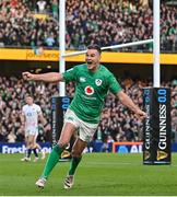 18 March 2023; Jonathan Sexton of Ireland celebrates after teammate Dan Sheehan, not pictured, scored their side's first try during the Guinness Six Nations Rugby Championship match between Ireland and England at Aviva Stadium in Dublin. Photo by Ramsey Cardy/Sportsfile