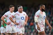 18 March 2023; England players, from right, Kyle Sinckler, Jamie George and Owen Farrell during the Guinness Six Nations Rugby Championship match between Ireland and England at Aviva Stadium in Dublin. Photo by Ramsey Cardy/Sportsfile