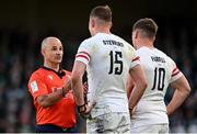 18 March 2023; Referee Jaco Peyper speaks to England players Freddie Steward, 15, and Owen Farrell, before showing a red card to Freddie Steward of England during the Guinness Six Nations Rugby Championship match between Ireland and England at Aviva Stadium in Dublin. Photo by Ramsey Cardy/Sportsfile