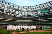 18 March 2023; Both teams stand for the National Anthems before the Guinness Six Nations Rugby Championship match between Ireland and England at Aviva Stadium in Dublin. Photo by Ramsey Cardy/Sportsfile