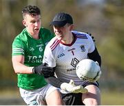 18 March 2023; Westmeath goalkeeper Jason Daly in action against Shane McGuillion of Fermanagh during the Allianz Football League Division 3 match between Fermanagh and Westmeath at St Josephs Park in Ederney, Fermanagh. Photo by Stephen Marken/Sportsfile