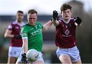 18 March 2023; Cian McManus of Fermanagh in action against Senan Baker of Westmeath during the Allianz Football League Division 3 match between Fermanagh and Westmeath at St Josephs Park in Ederney, Fermanagh. Photo by Stephen Marken/Sportsfile