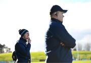 18 March 2023; Dublin selector Darren Daly, left, and manager Dessie Farrell during the Allianz Football League Division 2 match between Meath and Dublin at Páirc Tailteann in Navan, Meath. Photo by David Fitzgerald/Sportsfile