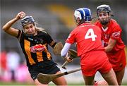 19 March 2023; Katie Power of Kilkenny in action against Meabh Cahalane, 4, and Saoirse McCarthy of Cork during the Very Camogie League Division 1A match between Kilkenny and Cork at UPMC Nowlan Park in Kilkenny. Photo by Piaras Ó Mídheach/Sportsfile