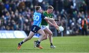 18 March 2023; Mathew Costello of Meath in action against Sean Bugler of Dublin during the Allianz Football League Division 2 match between Meath and Dublin at Páirc Tailteann in Navan, Meath. Photo by David Fitzgerald/Sportsfile