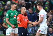 18 March 2023; Referee Jaco Peyper speaks with Owen Farrell of England as Jonathan Sexton of Ireland looks on during the Guinness Six Nations Rugby Championship match between Ireland and England at Aviva Stadium in Dublin. Photo by Harry Murphy/Sportsfile