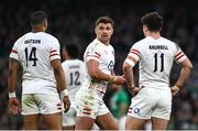 18 March 2023; Henry Slade of England, centre, speask with Anthony Watson and Henry Arundell during the Guinness Six Nations Rugby Championship match between Ireland and England at Aviva Stadium in Dublin. Photo by Harry Murphy/Sportsfile