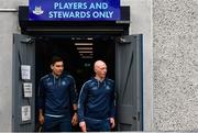 19 March 2023; Dublin players Paddy Smyth, left, and Fergal Whitely make their way to the pitch before the Allianz Hurling League Division 1 Group B match between Dublin and Laois at Parnell Park in Dublin. Photo by Sam Barnes/Sportsfile