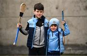 19 March 2023; Dublin supporters Oisin Monks, aged 10, left, and his brother Feidhlim Monks, aged 6, from Crumlin in Dublin before the Allianz Hurling League Division 1 Group B match between Dublin and Laois at Parnell Park in Dublin. Photo by Sam Barnes/Sportsfile