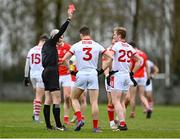 19 March 2023; Referee Fergal Kelly shows Daniel O’Mahony of Cork a red card during the Allianz Football League Division 2 match between Louth and Cork at Páirc Mhuire in Ardee, Louth. Photo by Stephen Marken/Sportsfile