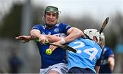 19 March 2023; William Dunphy of Laois in action against Eddie Moran of Dublin during the Allianz Hurling League Division 1 Group B match between Dublin and Laois at Parnell Park in Dublin. Photo by Sam Barnes/Sportsfile