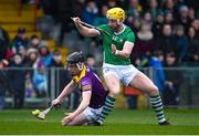 19 March 2023; Conor Foley of Wexford in action against Seamus Flanagan of Limerick during the Allianz Hurling League Division 1 Group A match between Limerick and Wexford at TUS Gaelic Grounds in Limerick. Photo by Tyler Miller/Sportsfile