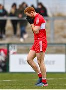 19 March 2023; Conor Glass of Derry reacts after a missed opportunity on goal during the Allianz Football League Division 2 match between Derry and Clare at Derry GAA Centre of Excellence in Owenbeg, Derry. Photo by Ben McShane/Sportsfile