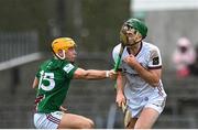 19 March 2023; Brian Concannon of Galway in action against Davy Glennon of Westmeath during the Allianz Hurling League Division 1 Group A match between Westmeath and Galway at TEG Cusack Park in Mullingar, Westmeath. Photo by Seb Daly/Sportsfile