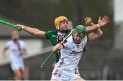 19 March 2023; Brian Concannon of Galway in action against Davy Glennon of Westmeath during the Allianz Hurling League Division 1 Group A match between Westmeath and Galway at TEG Cusack Park in Mullingar, Westmeath. Photo by Seb Daly/Sportsfile