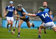 19 March 2023; Danny Sutcliffe of Dublin in action against William Dunphy of Laois during the Allianz Hurling League Division 1 Group B match between Dublin and Laois at Parnell Park in Dublin. Photo by Sam Barnes/Sportsfile
