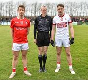 19 March 2023; Louth captain Oisín McGuinness with referee Fergal Kelly and Cork captain Sean Meehan before the Allianz Football League Division 2 match between Louth and Cork at Páirc Mhuire in Ardee, Louth. Photo by Stephen Marken/Sportsfile