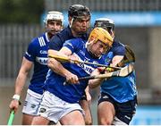 19 March 2023; James Keyes of Laois in action against Danny Sutcliffe, left, and Cian Boland of Dublin during the Allianz Hurling League Division 1 Group B match between Dublin and Laois at Parnell Park in Dublin. Photo by Sam Barnes/Sportsfile