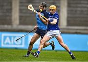 19 March 2023; Danny Sutcliffe of Dublin in action against James Keyes of Laois during the Allianz Hurling League Division 1 Group B match between Dublin and Laois at Parnell Park in Dublin. Photo by Sam Barnes/Sportsfile