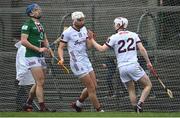 19 March 2023; Jason Flynn of Galway, centre, celebrates with teammate Donal O’Shea, right, after scoring their side's third goal during the Allianz Hurling League Division 1 Group A match between Westmeath and Galway at TEG Cusack Park in Mullingar, Westmeath. Photo by Seb Daly/Sportsfile
