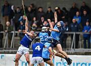 19 March 2023; Paul Crummey of Dublin, right, wins a high ball during the Allianz Hurling League Division 1 Group B match between Dublin and Laois at Parnell Park in Dublin. Photo by Sam Barnes/Sportsfile