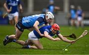 19 March 2023; Jack Kelly of Laois in action against Darragh Power of Dublin during the Allianz Hurling League Division 1 Group B match between Dublin and Laois at Parnell Park in Dublin. Photo by Sam Barnes/Sportsfile