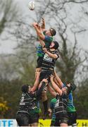 19 March 2023; Stephen Gardiner of Gorey RFC wins possession in a lineout against Jake Caldbeck of Kilkenny RFC during the Bank of Ireland Provincial Towns Cup Third Round match between Gorey RFC and Kilkenny RFC at Gorey RFC in Wexford. Photo by Matt Browne/Sportsfile