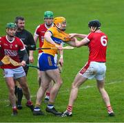 19 March 2023; Robert Downey of Cork jostles with David Fitzgerald of Clare, was shown a red card, during the Allianz Hurling League Division 1 Group A match between Clare and Cork at Cusack Park in Ennis, Clare. Photo by Ray McManus/Sportsfile