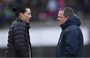 19 March 2023; Ashling Thompson of Cork in conversation with Waterford senior hurling manager Davy Fitzgerald after the Very Camogie League Division 1A match between Kilkenny and Cork at UPMC Nowlan Park in Kilkenny. Photo by Piaras Ó Mídheach/Sportsfile