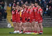 19 March 2023; The Tyrone team stand together for the national anthem ahead of the Allianz Football League Division 1 match between Monaghan and Tyrone at St Tiernach's Park in Clones, Monaghan. Photo by Daire Brennan/Sportsfile