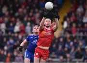 19 March 2023; Brian Kennedy of Tyrone in action against Francie Hughes of Monaghan during the Allianz Football League Division 1 match between Monaghan and Tyrone at St Tiernach's Park in Clones, Monaghan. Photo by Daire Brennan/Sportsfile