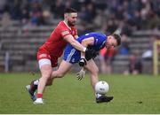 19 March 2023; Conor McCarthy of Monaghan in action against Padraig Hampsey of Tyrone during the Allianz Football League Division 1 match between Monaghan and Tyrone at St Tiernach's Park in Clones, Monaghan. Photo by Daire Brennan/Sportsfile