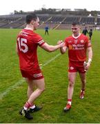 19 March 2023; Darragh Canavan, left, celebrates with his brother Ruairí Canavan after the Allianz Football League Division 1 match between Monaghan and Tyrone at St Tiernach's Park in Clones, Monaghan. Photo by Daire Brennan/Sportsfile