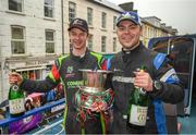 19 March 2023; Josh Moffett and Andy Hayes celebrate after winning The Clonakilty Park Hotel West Cork Rally Round 2 of the Irish Tarmac Rally Championship in Clonakilty, Cork. Photo by Philip Fitzpatrick/Sportsfile