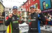 19 March 2023; Josh Moffett and Andy Hayes celebrate after winning The Clonakilty Park Hotel West Cork Rally Round 2 of the Irish Tarmac Rally Championship in Clonakilty, Cork. Photo by Philip Fitzpatrick/Sportsfile