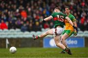 19 March 2023; Ryan O'Donoghue of Mayo scores his side's first goal during the Allianz Football League Division 1 match between Donegal and Mayo at MacCumhaill Park in Ballybofey, Donegal. Photo by Ramsey Cardy/Sportsfile