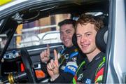 19 March 2023; Josh Moffett and Andy Hayes in their Hyundai i20 R5 celebrate after winning The Clonakilty Park Hotel West Cork Rally Round 2 of the Irish Tarmac Rally Championship in Clonakilty, Cork. Photo by Philip Fitzpatrick/Sportsfile