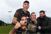 19 March 2023; Kilkenny RFC players Liam Caddy, Jake McDonald and Padraig Mahon celebrate after the Bank of Ireland Provincial Towns Cup Third Round match between Gorey RFC and Kilkenny RFC at Gorey RFC in Wexford. Photo by Matt Browne/Sportsfile