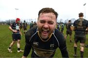19 March 2023; Lyndon Brannigan of Kilkenny RFC celebrates after the Bank of Ireland Provincial Towns Cup Third Round match between Gorey RFC and Kilkenny RFC at Gorey RFC in Wexford. Photo by Matt Browne/Sportsfile