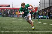 19 March 2023; Hugh Gavin of Ireland on his way to scoring his side's first try during the U20 Six Nations Rugby Championship match between Ireland and England at Musgrave Park in Cork. Photo by David Fitzgerald/Sportsfile